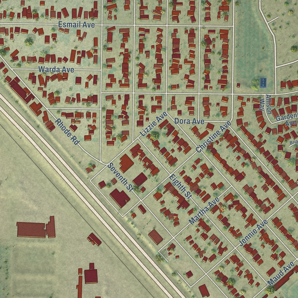 Close-up of the map of Keyes, California print showing street and building detail