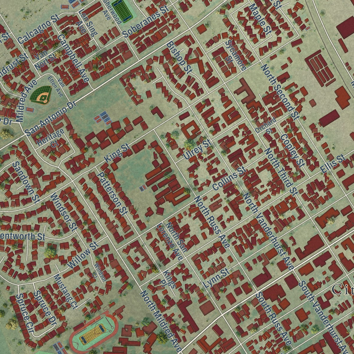 Close-up of the map of King City, California print showing street and building detail