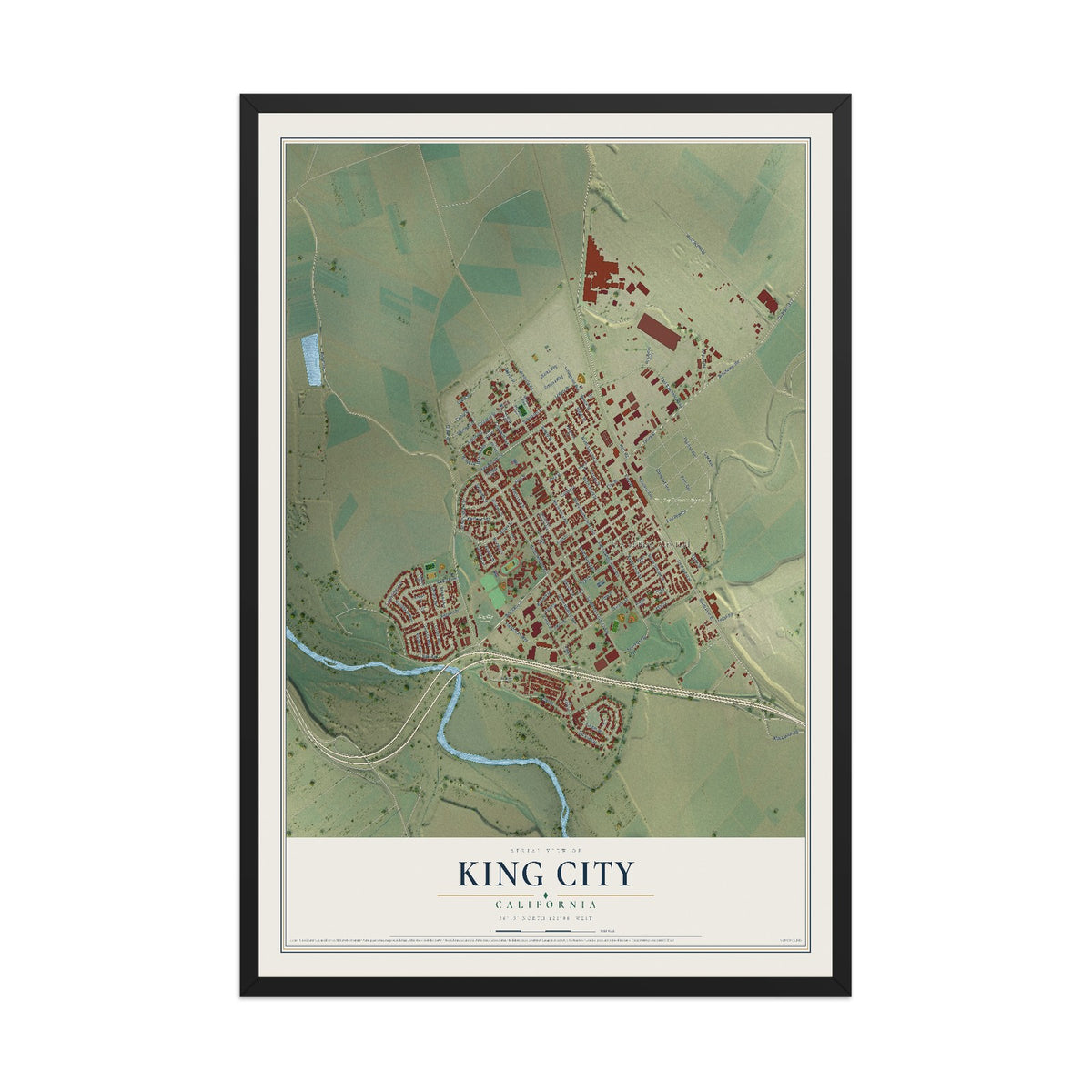 Map of King City, California, 12 x 18 inch print in a black wood frame