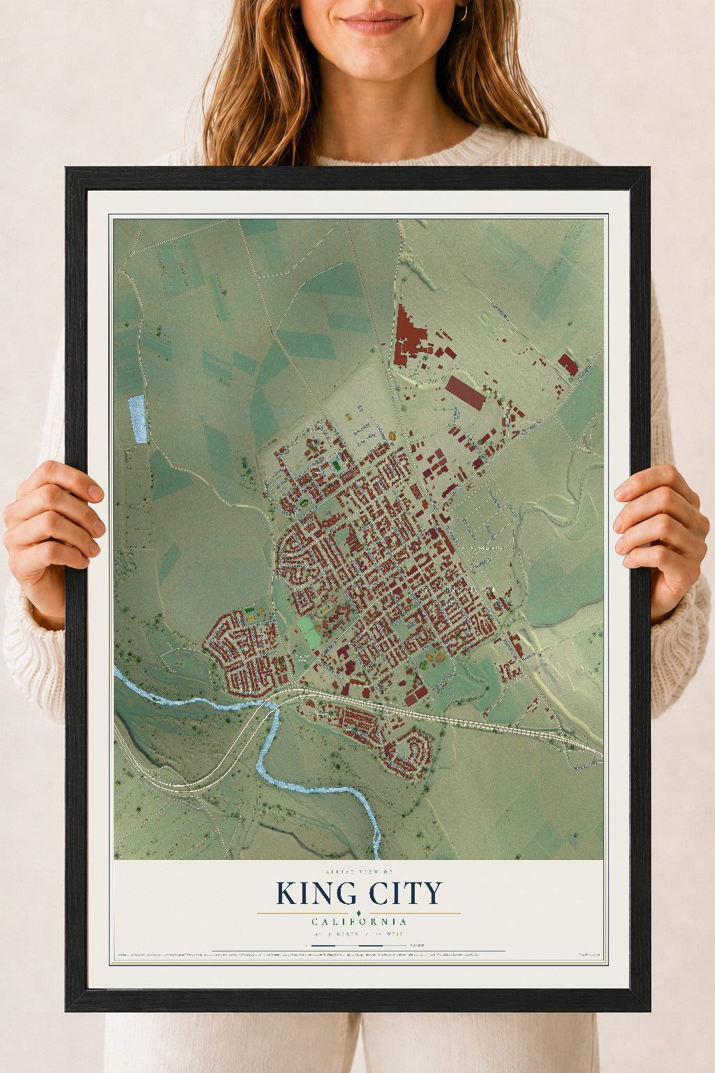 Map of King City, California, 18 x 24 inch print in a black wood frame