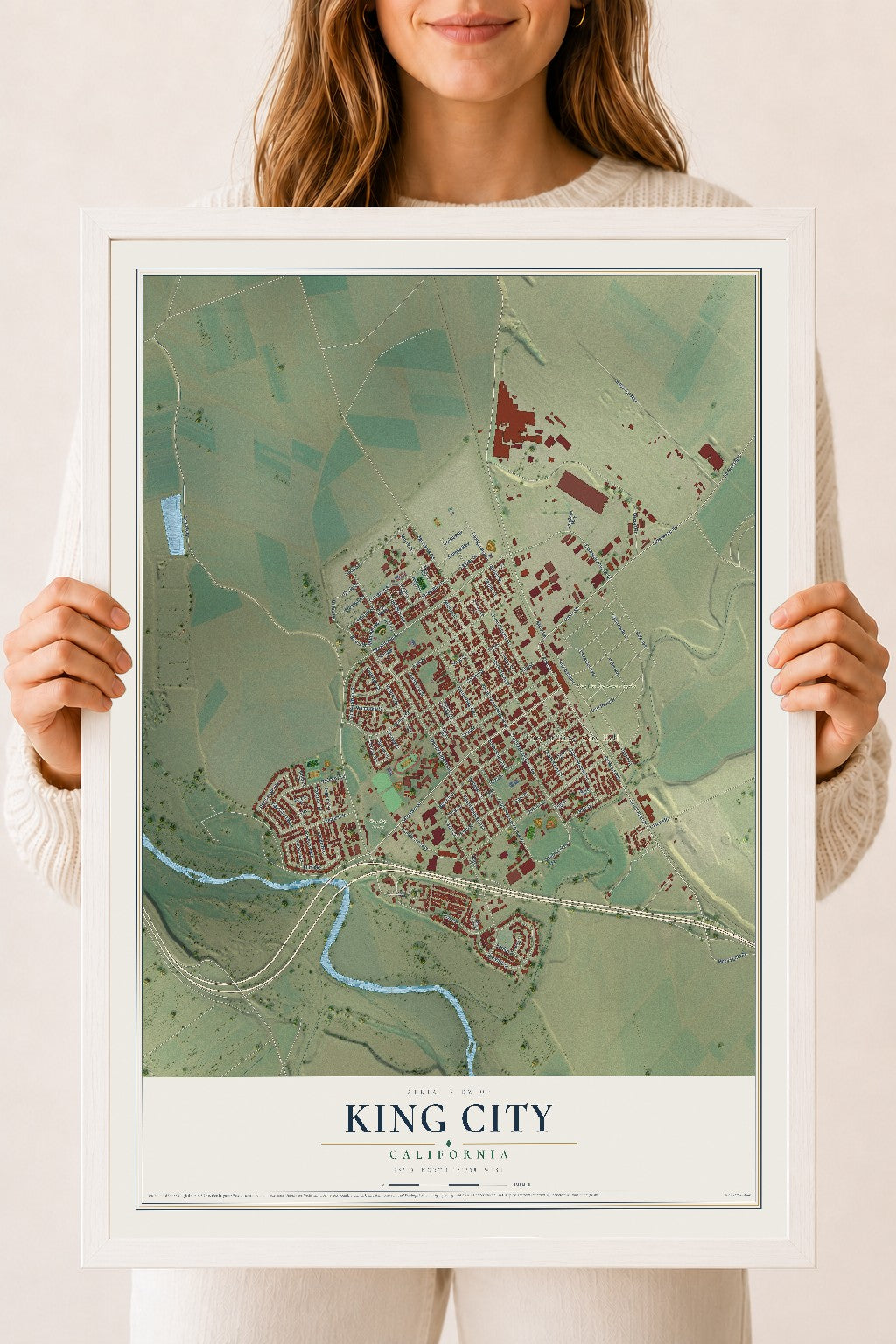 Map of King City, California, 18 x 24 inch print in a white wood frame