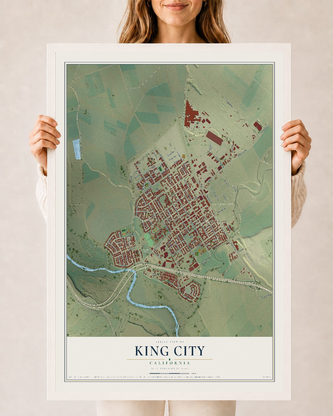 Map of King City, California, 24 x 36 inch print in a white wood frame