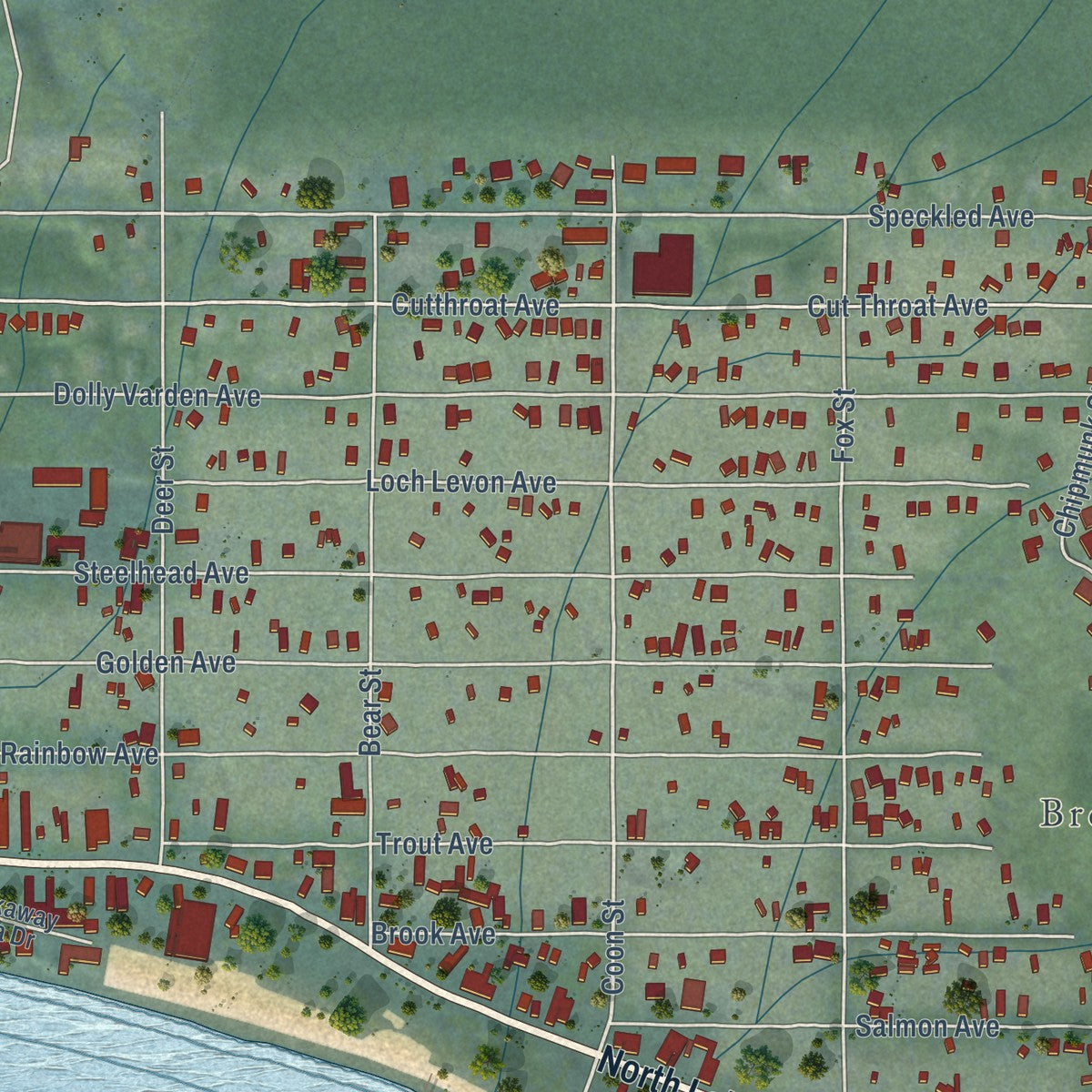 Close-up of the map of Kings Beach, California print showing street and building detail
