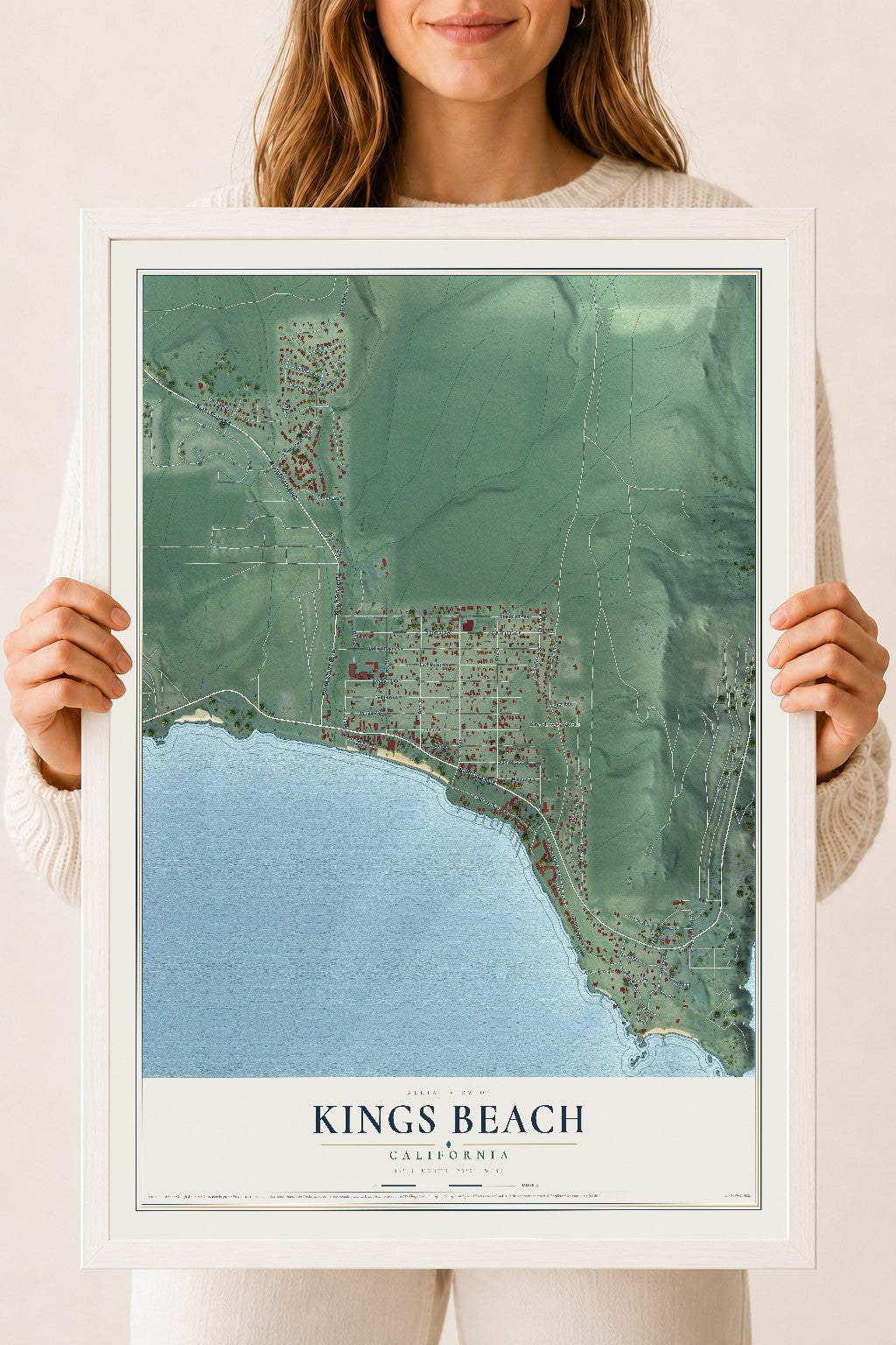 Map of Kings Beach, California, 18 x 24 inch print in a white wood frame