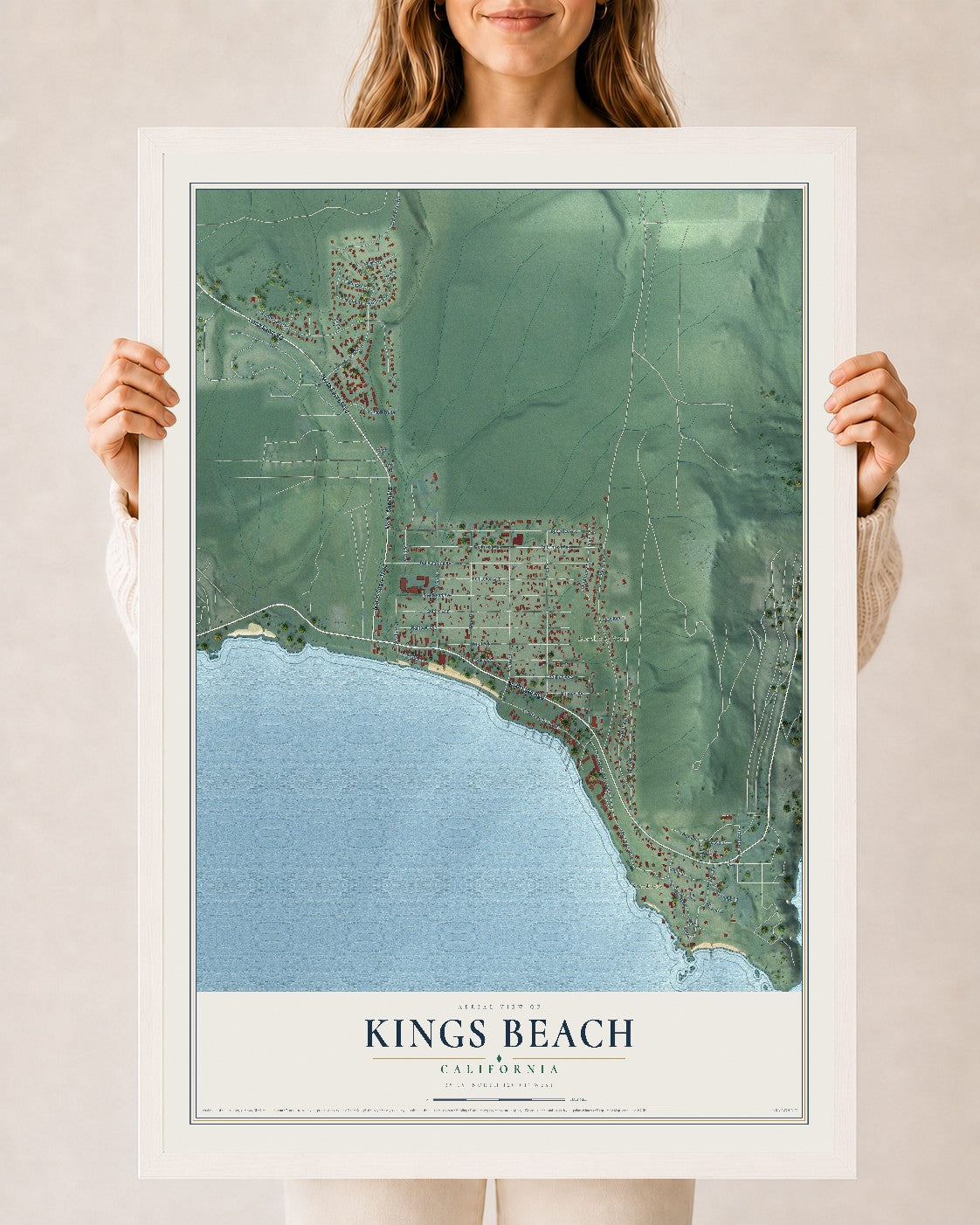 Map of Kings Beach, California, 24 x 36 inch print in a white wood frame