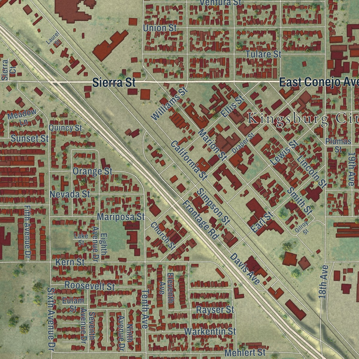 Close-up of the map of Kingsburg, California print showing street and building detail