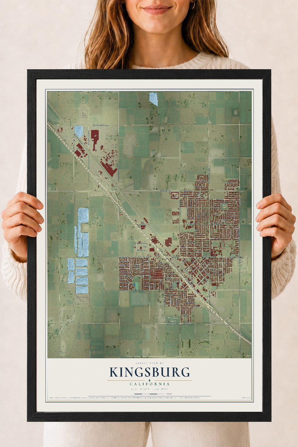 Map of Kingsburg, California, 18 x 24 inch print in a black wood frame