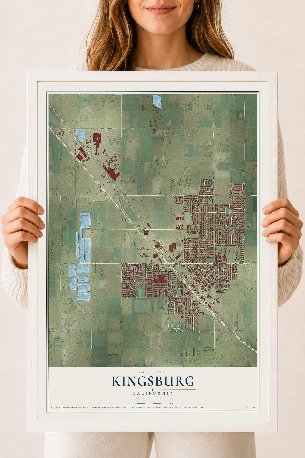 Map of Kingsburg, California, 18 x 24 inch print in a white wood frame
