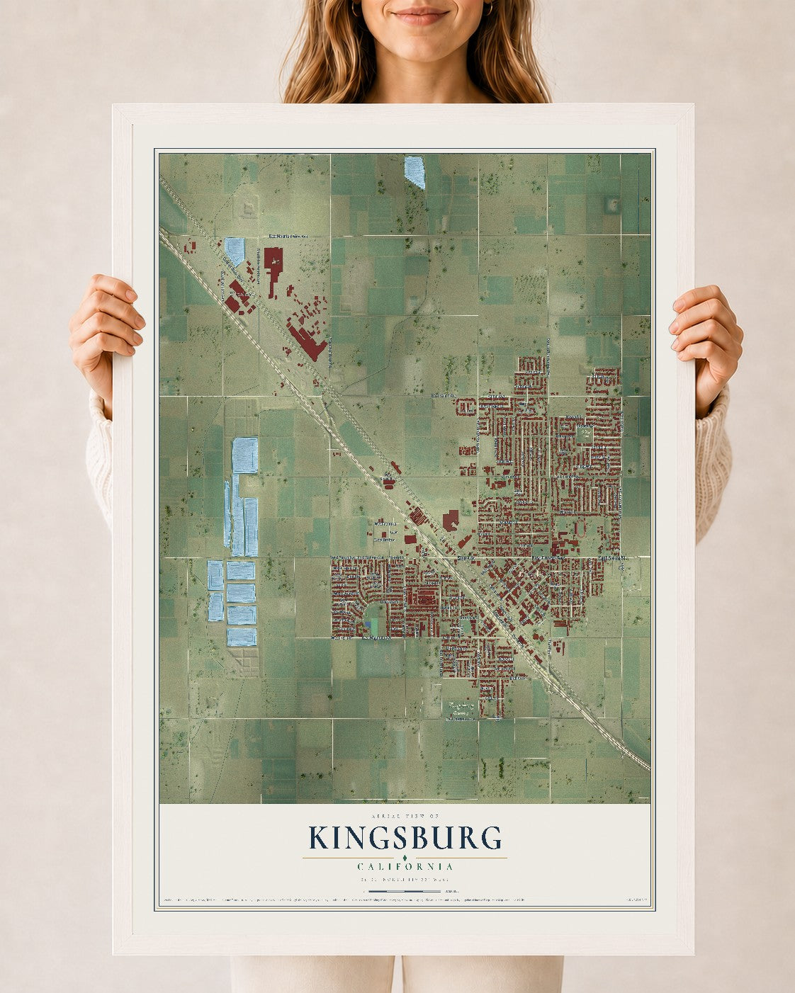Map of Kingsburg, California, 24 x 36 inch print in a white wood frame