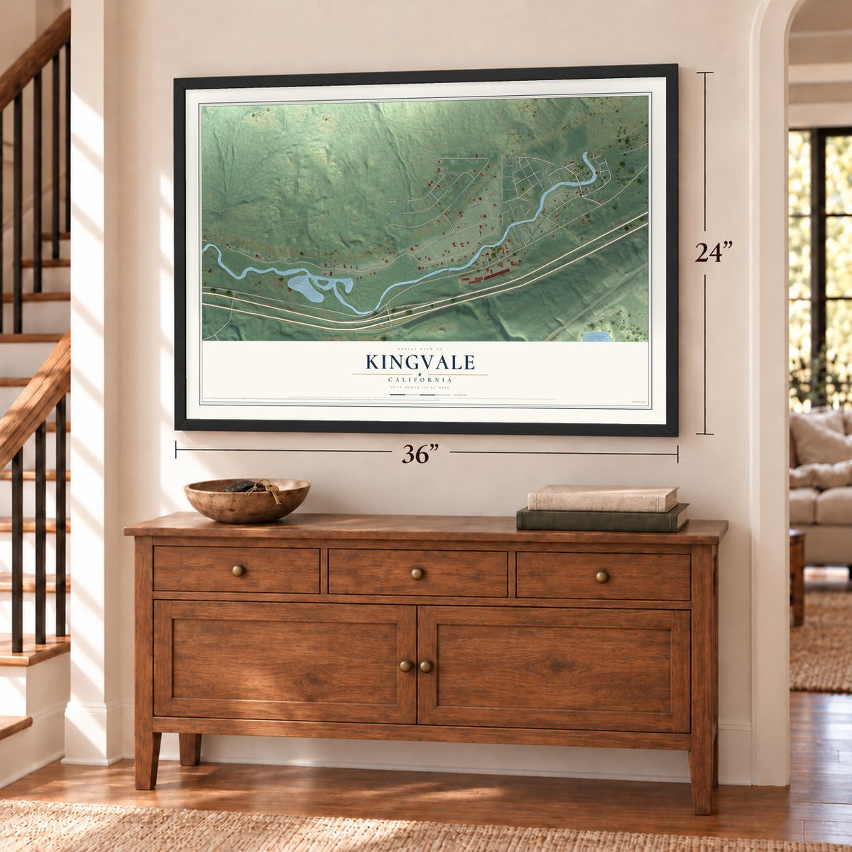 Kingvale, California map, 24 x 36 inch print in a black frame above a dresser by a staircase