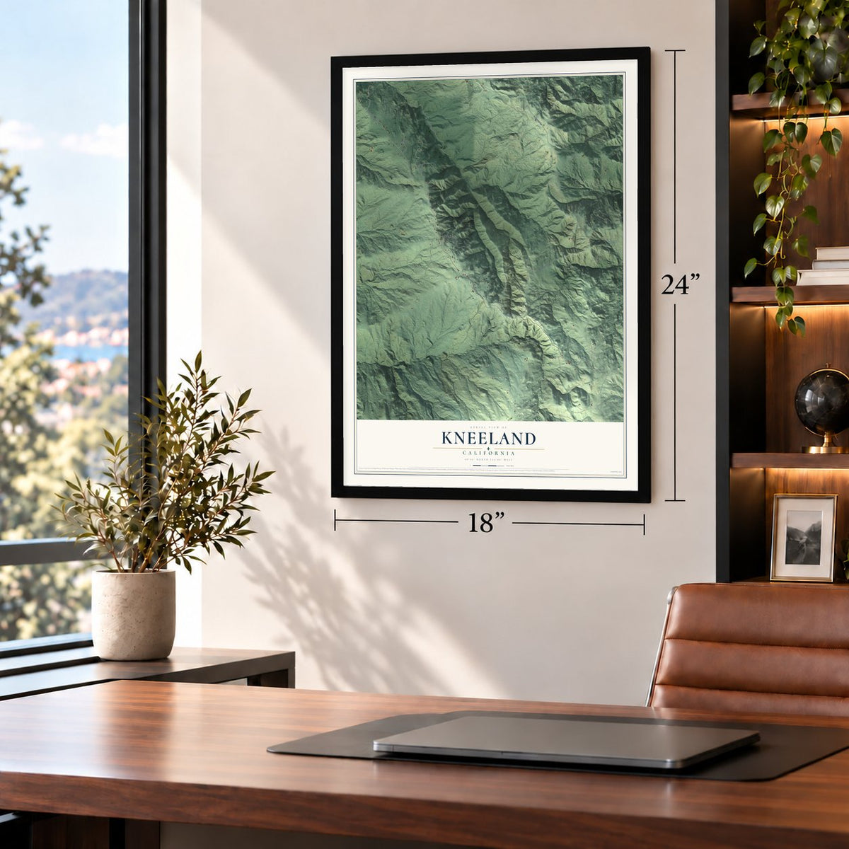 Kneeland, California map, 18 x 24 inch print in a black frame in a home office