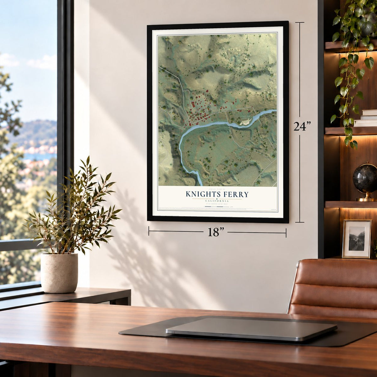 Knights Ferry, California map, 18 x 24 inch print in a black frame in a home office