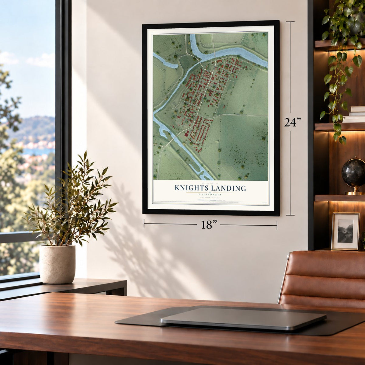 Knights Landing, California map, 18 x 24 inch print in a black frame in a home office