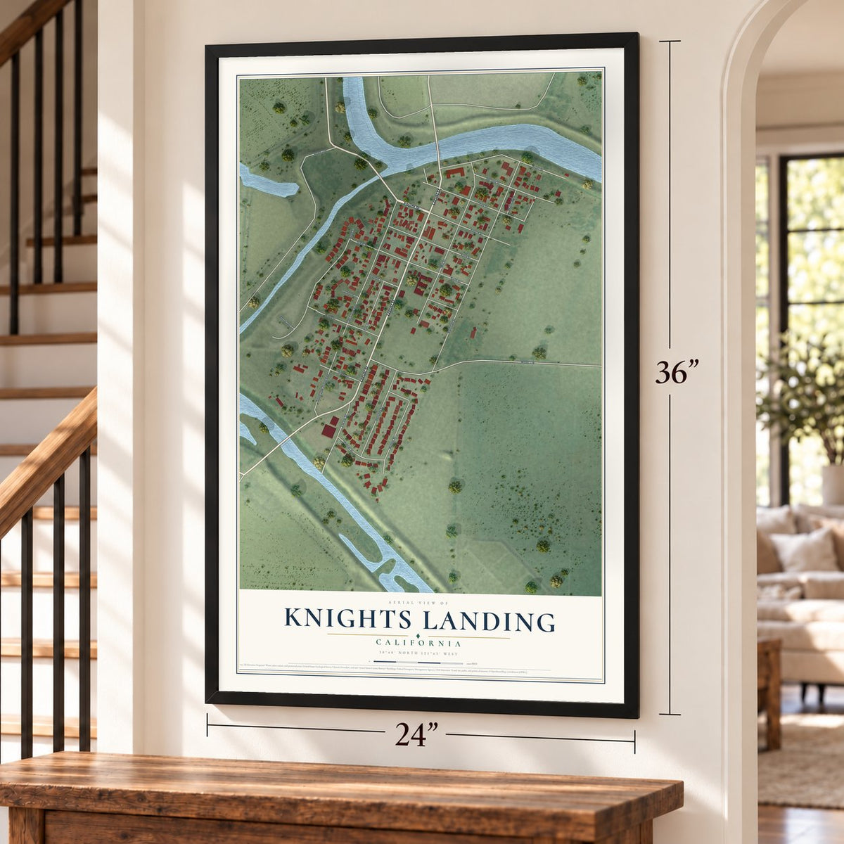 Knights Landing, California map, 24 x 36 inch print in a black frame by a staircase