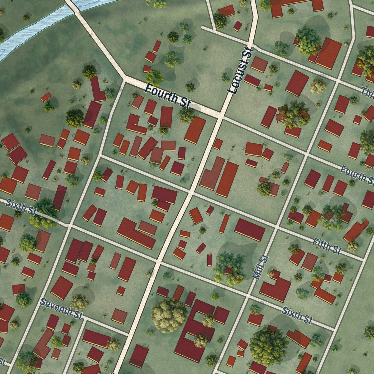 Close-up of the map of Knights Landing, California print showing street and building detail