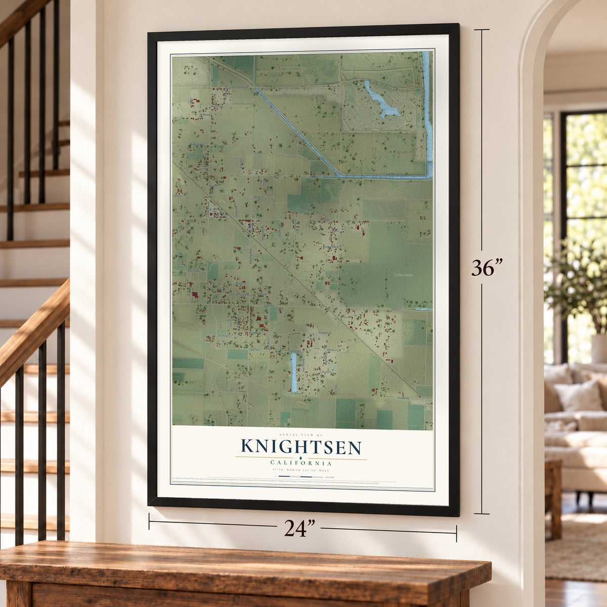 Knightsen, California map, 24 x 36 inch print in a black frame by a staircase