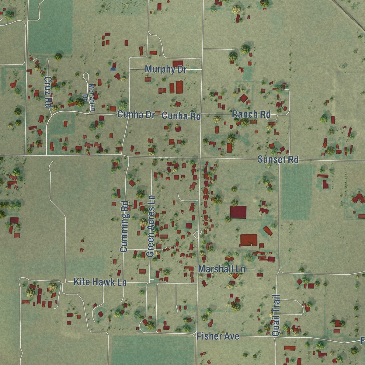 Close-up of the map of Knightsen, California print showing street and building detail