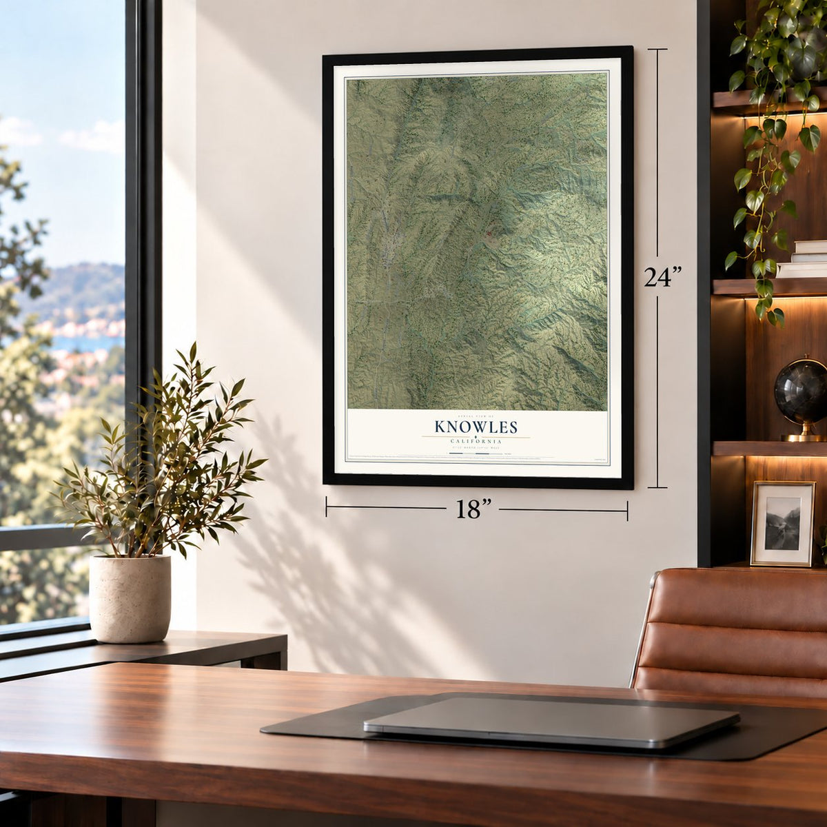 Knowles, California map, 18 x 24 inch print in a black frame in a home office