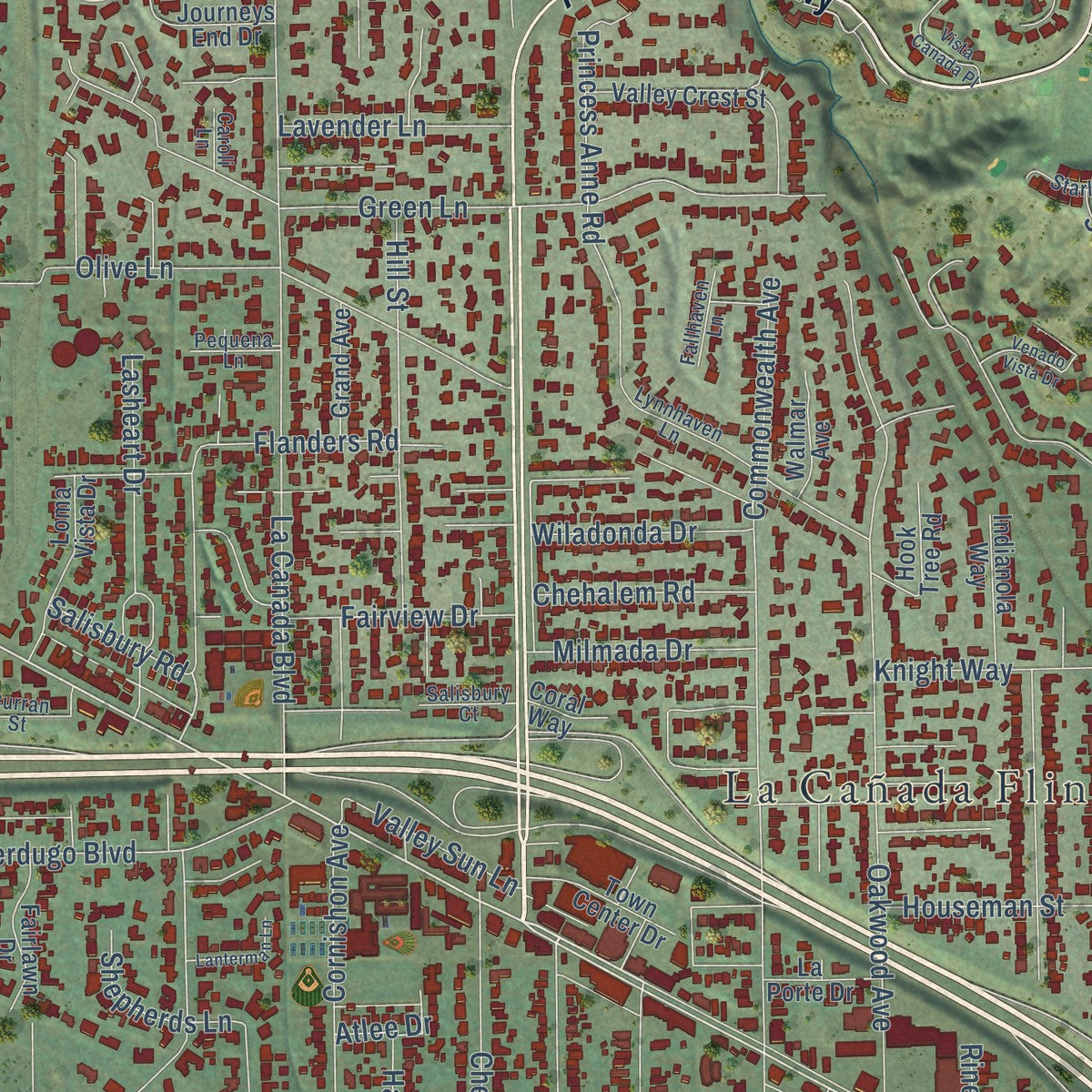 Close-up of the map of La Cañada Flintridge, California print showing street and building detail
