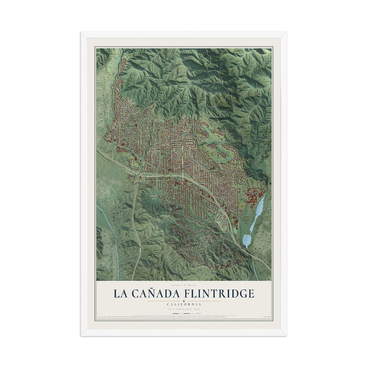 Map of La Cañada Flintridge, California, 12 x 18 inch print in a white wood frame