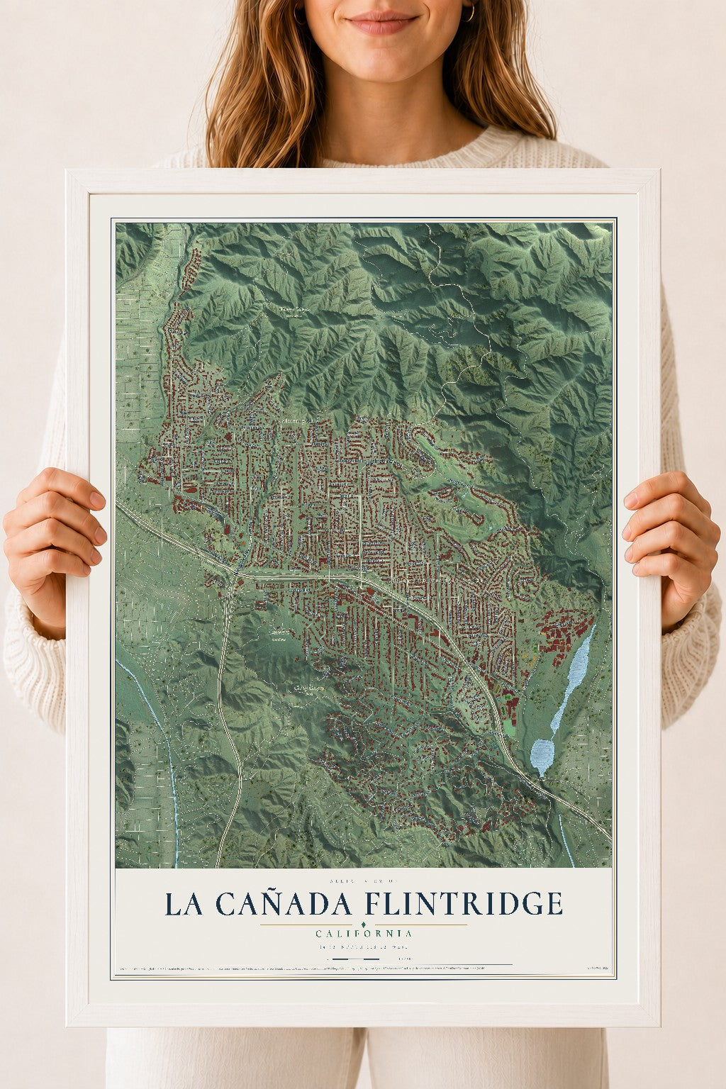 Map of La Cañada Flintridge, California, 18 x 24 inch print in a white wood frame
