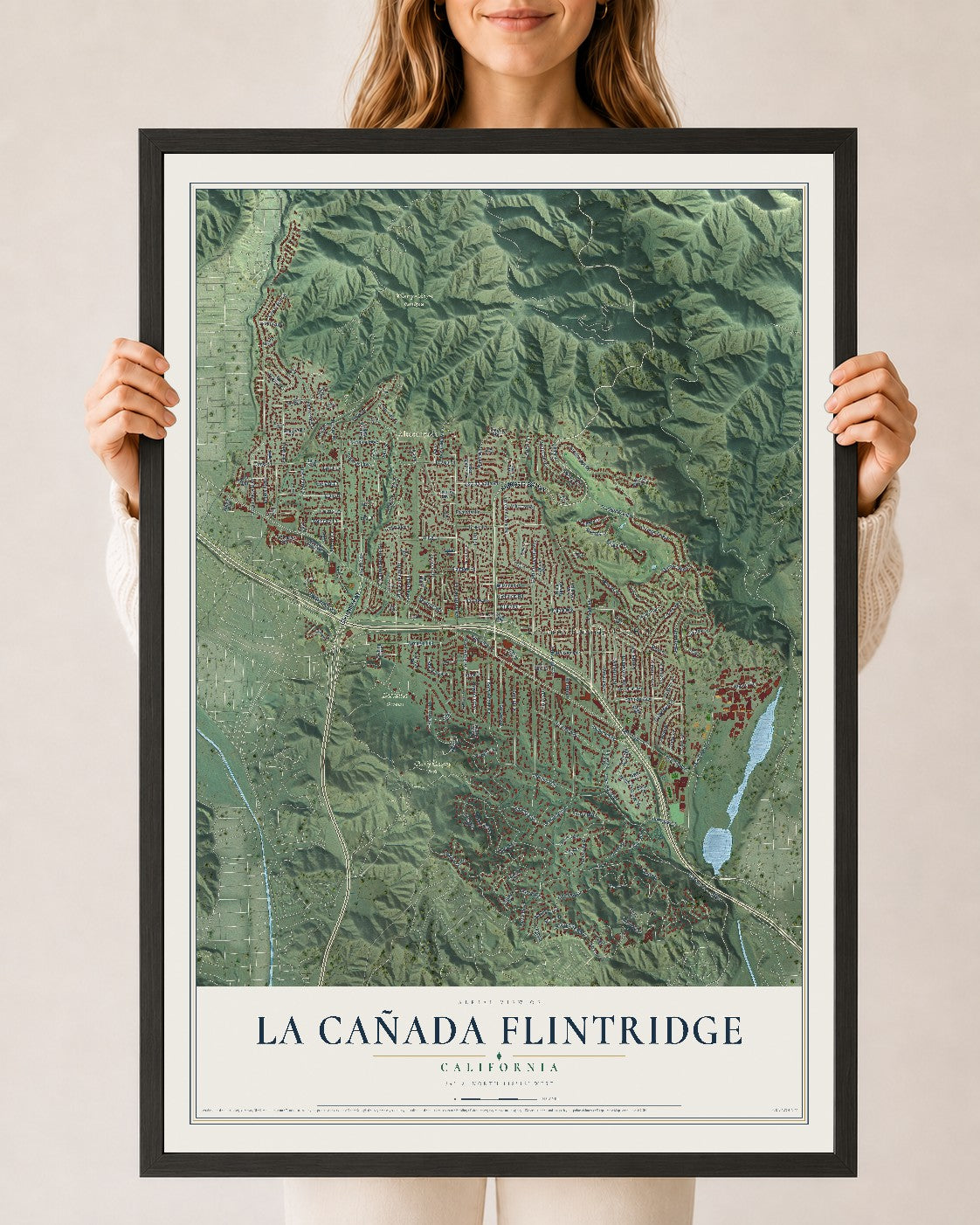 Map of La Cañada Flintridge, California, 24 x 36 inch print in a black wood frame