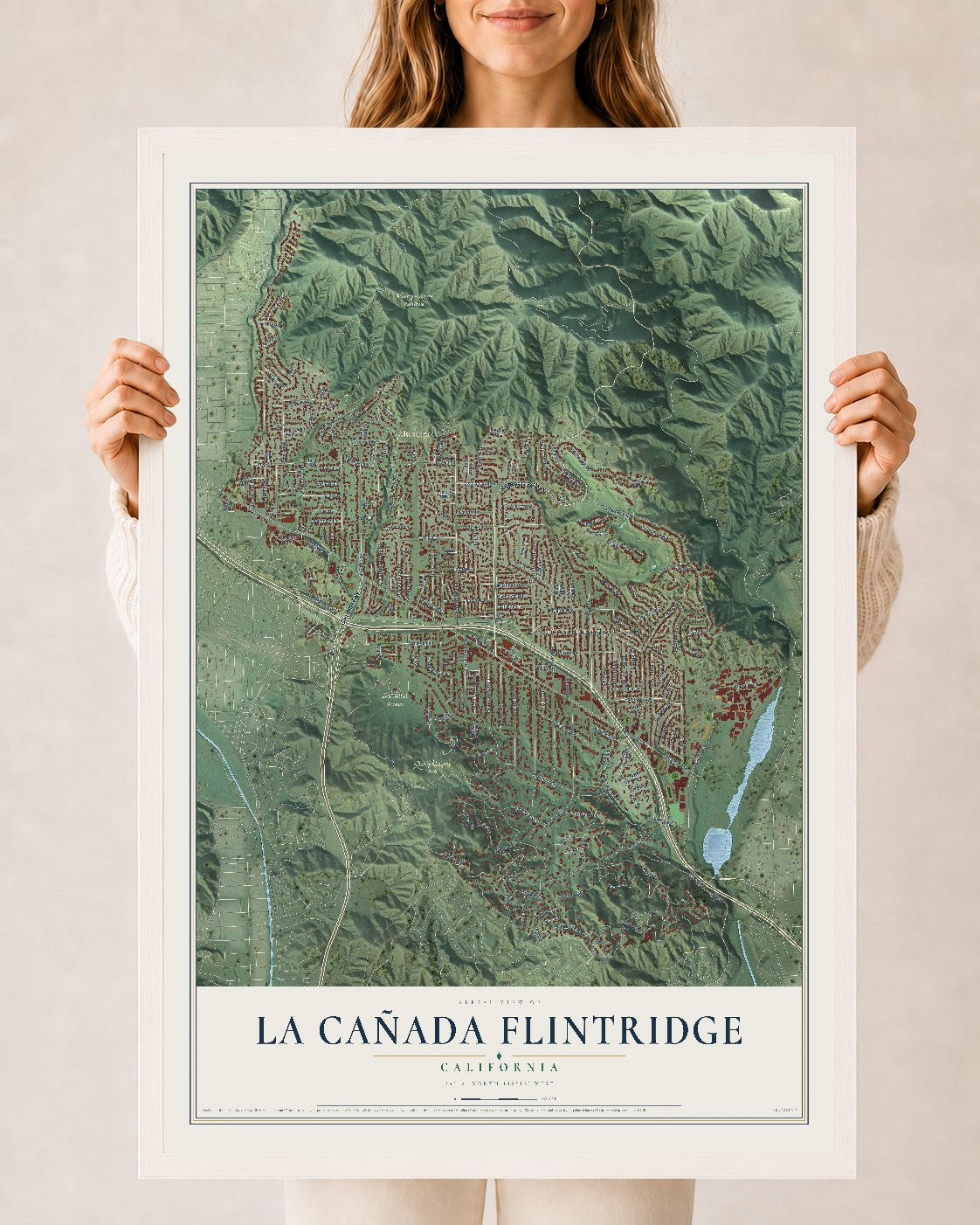 Map of La Cañada Flintridge, California, 24 x 36 inch print in a white wood frame