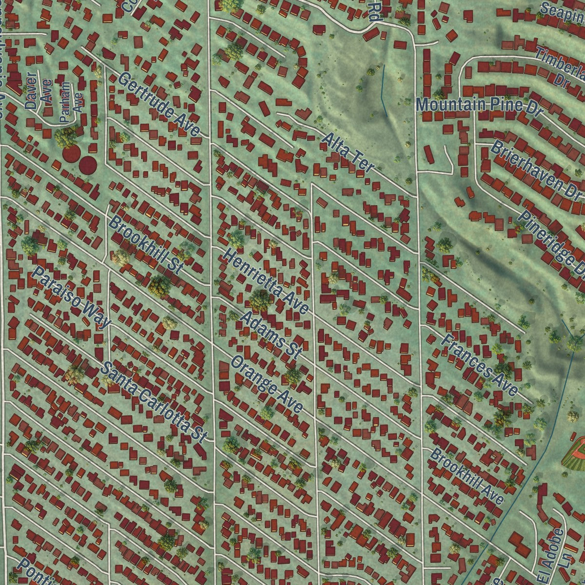 Close-up of the map of La Crescenta-Montrose, California print showing street and building detail