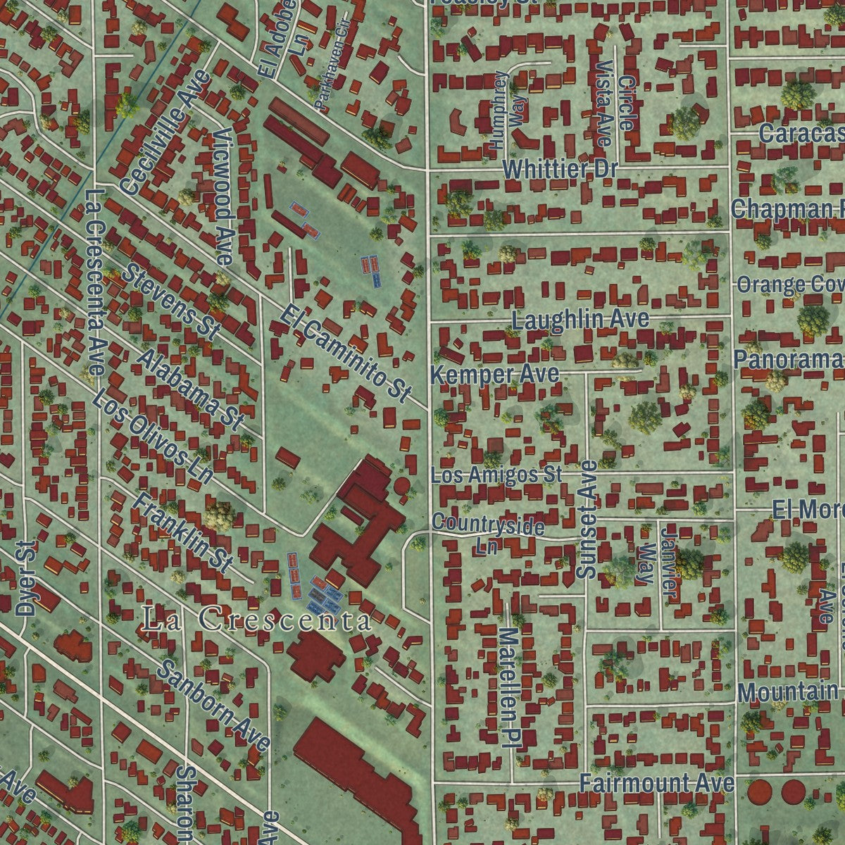 Second close-up of the map of La Crescenta-Montrose, California print showing more streets and buildings