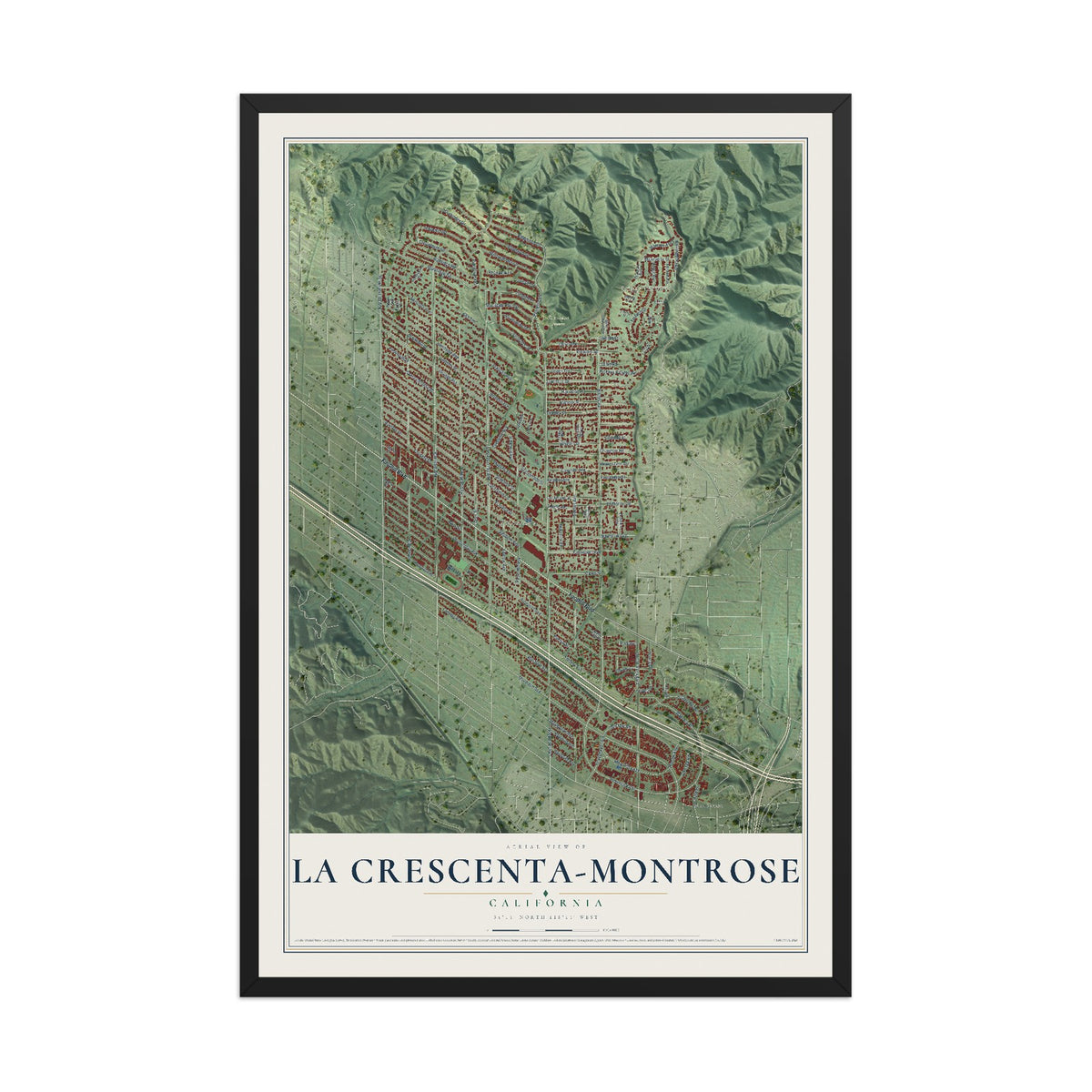 Map of La Crescenta-Montrose, California, 12 x 18 inch print in a black wood frame