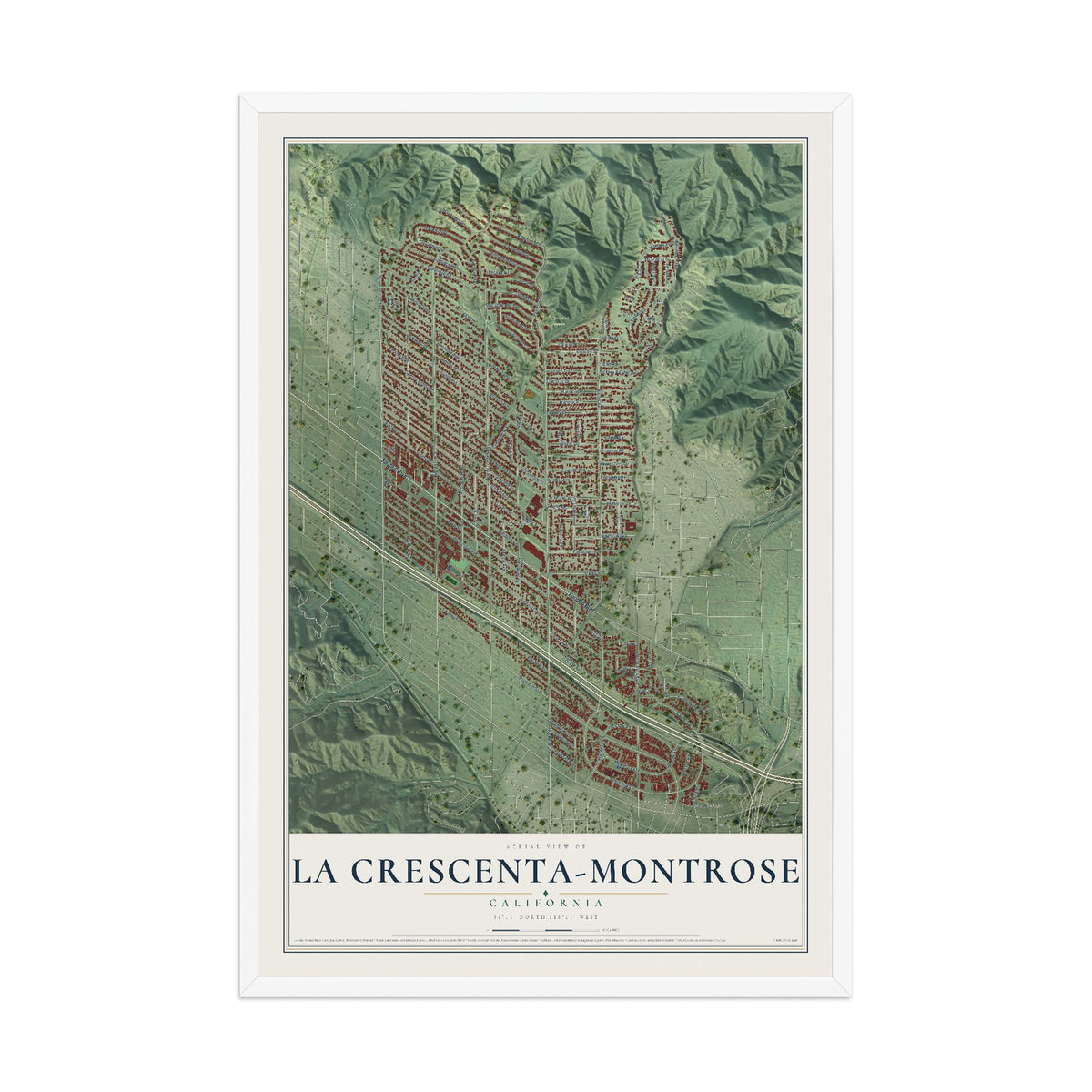 Map of La Crescenta-Montrose, California, 12 x 18 inch print in a white wood frame