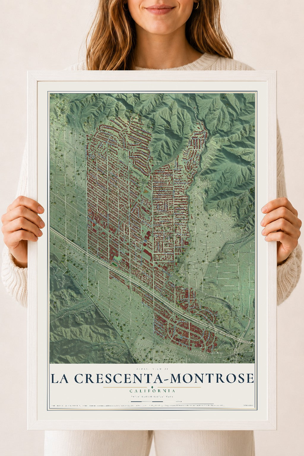 Map of La Crescenta-Montrose, California, 18 x 24 inch print in a white wood frame