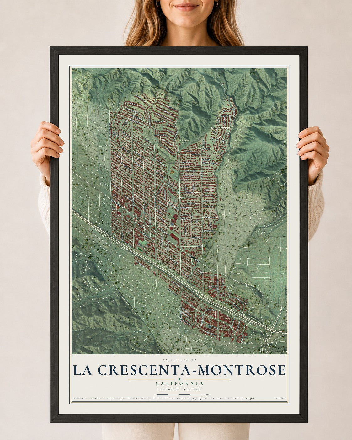 Map of La Crescenta-Montrose, California, 24 x 36 inch print in a black wood frame