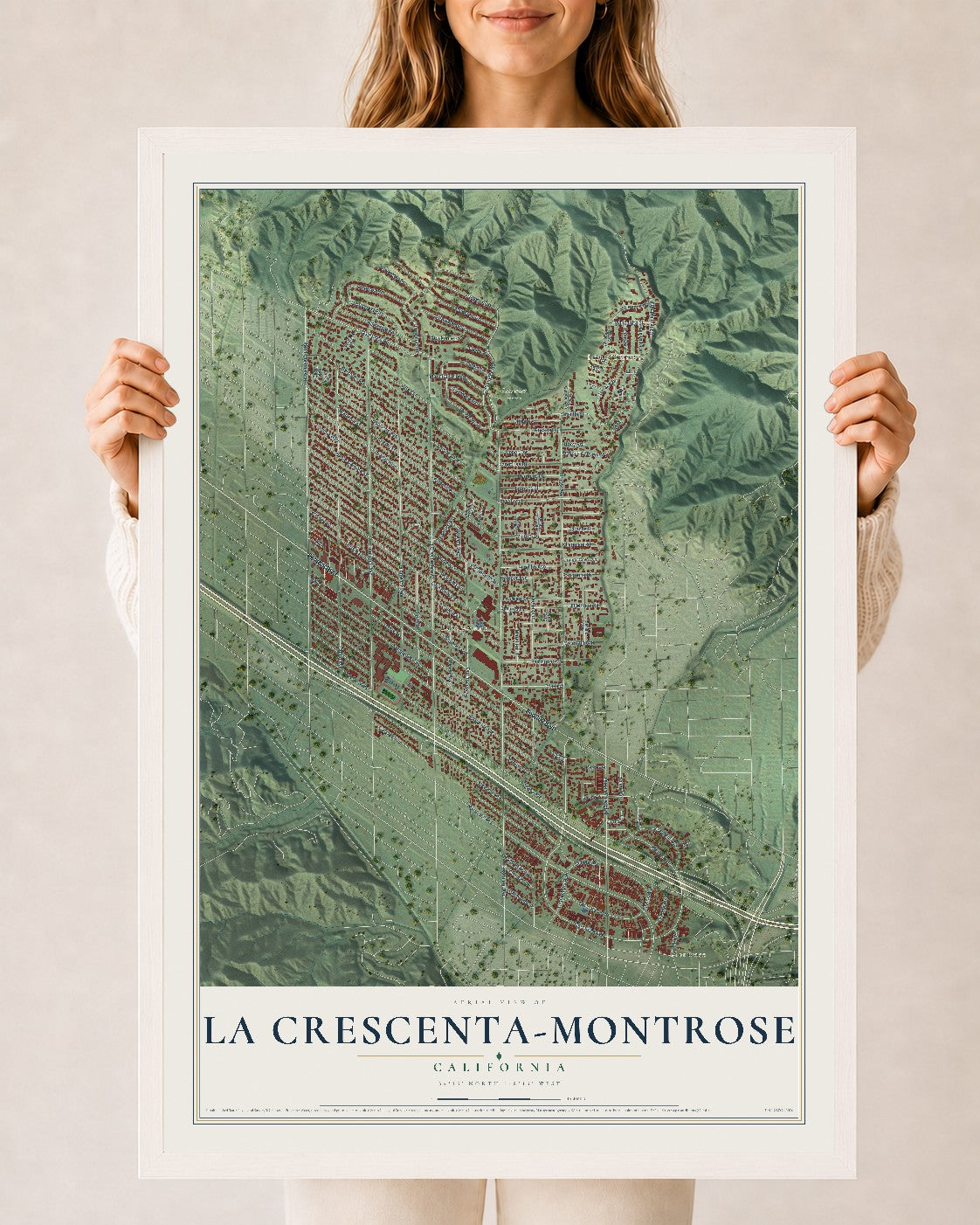 Map of La Crescenta-Montrose, California, 24 x 36 inch print in a white wood frame