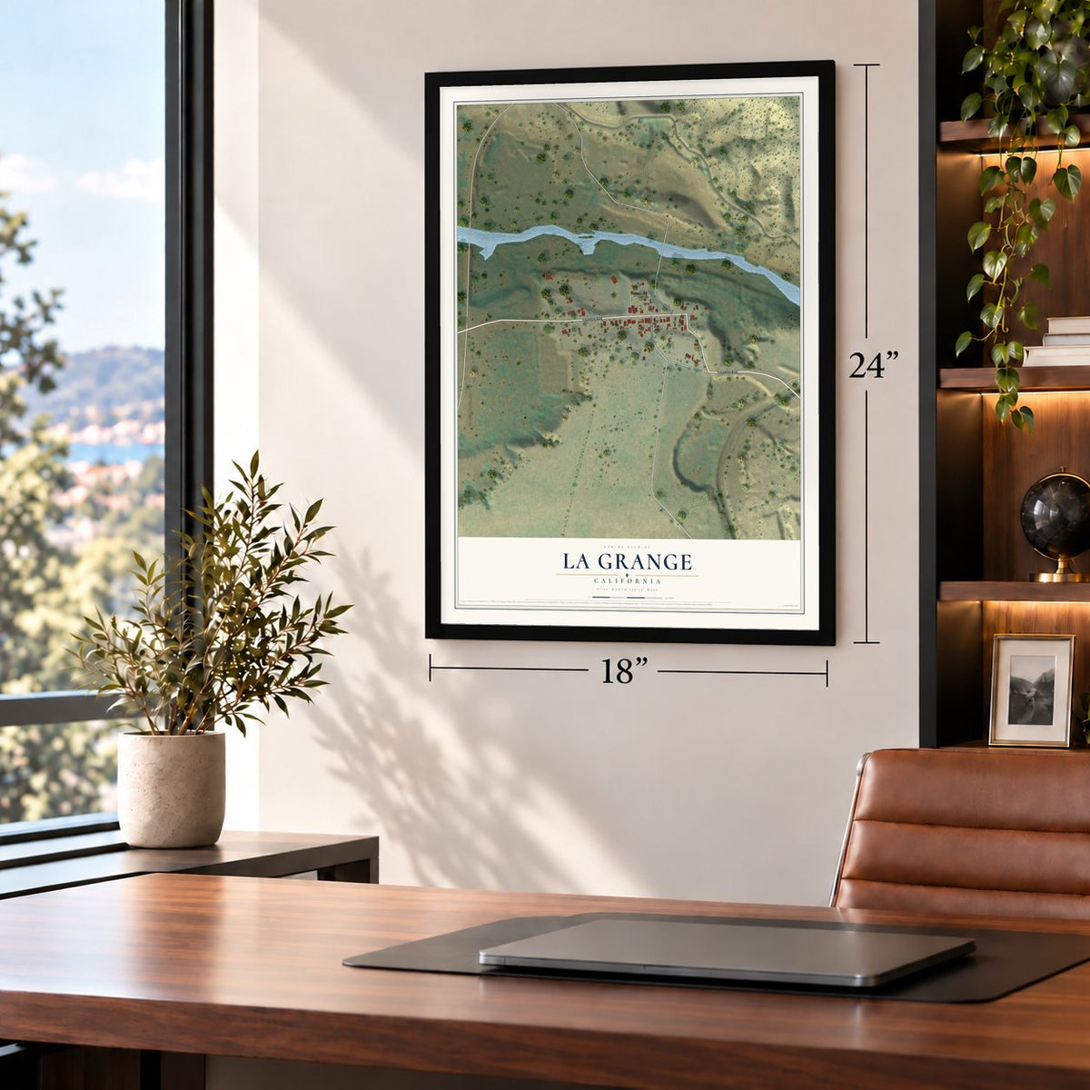 La Grange, California map, 18 x 24 inch print in a black frame in a home office
