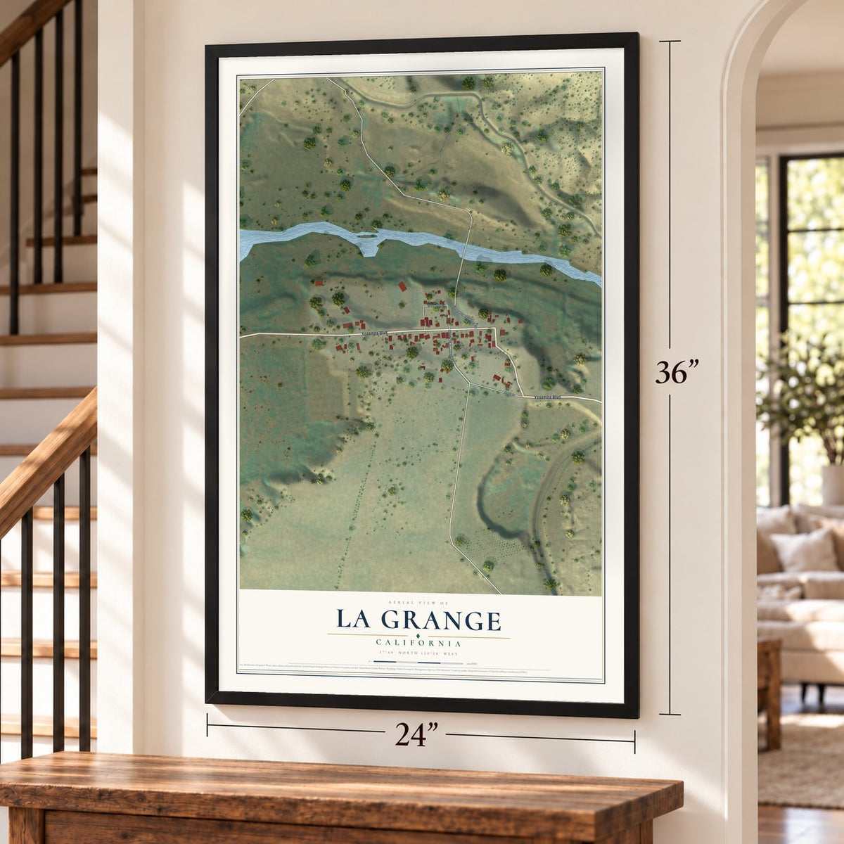 La Grange, California map, 24 x 36 inch print in a black frame by a staircase