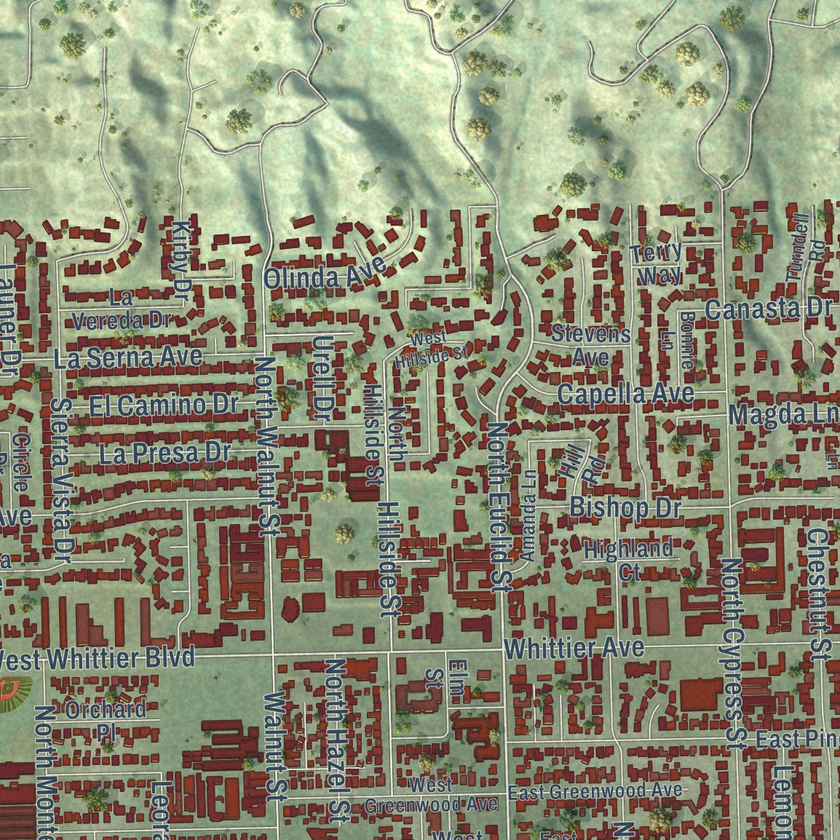 Second close-up of the map of La Habra, California print showing more streets and buildings
