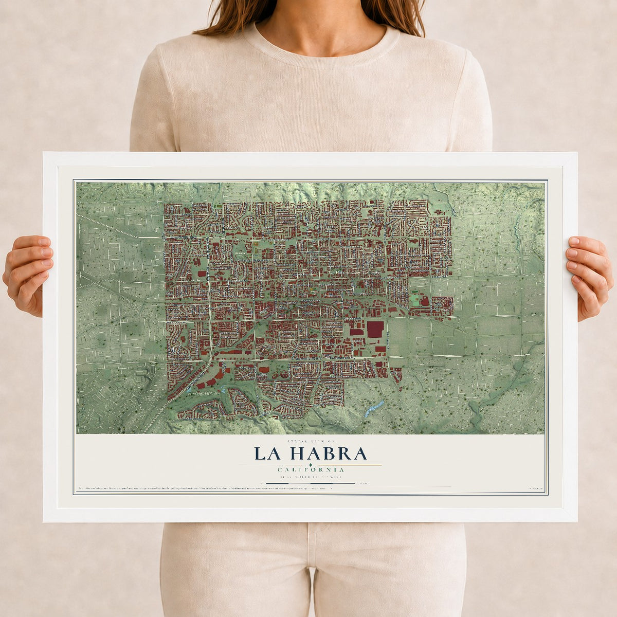 Map of La Habra, California, 12 x 18 inch print in a white wood frame