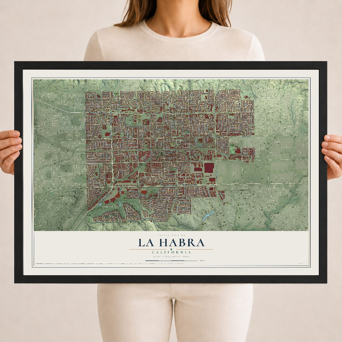 Map of La Habra, California, 18 x 24 inch print in a black wood frame