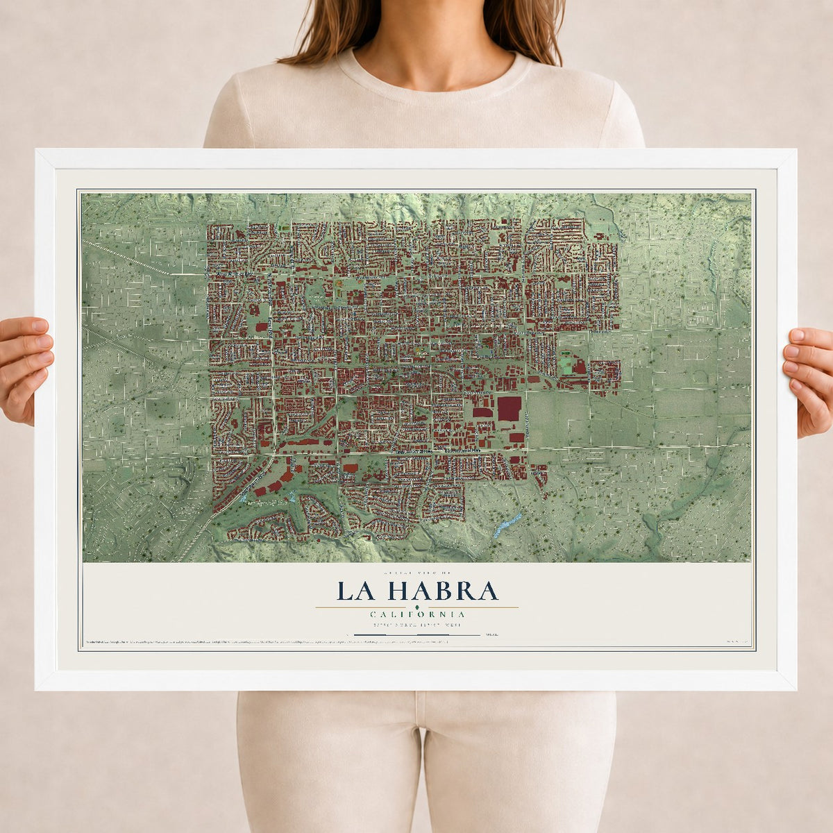 Map of La Habra, California, 18 x 24 inch print in a white wood frame