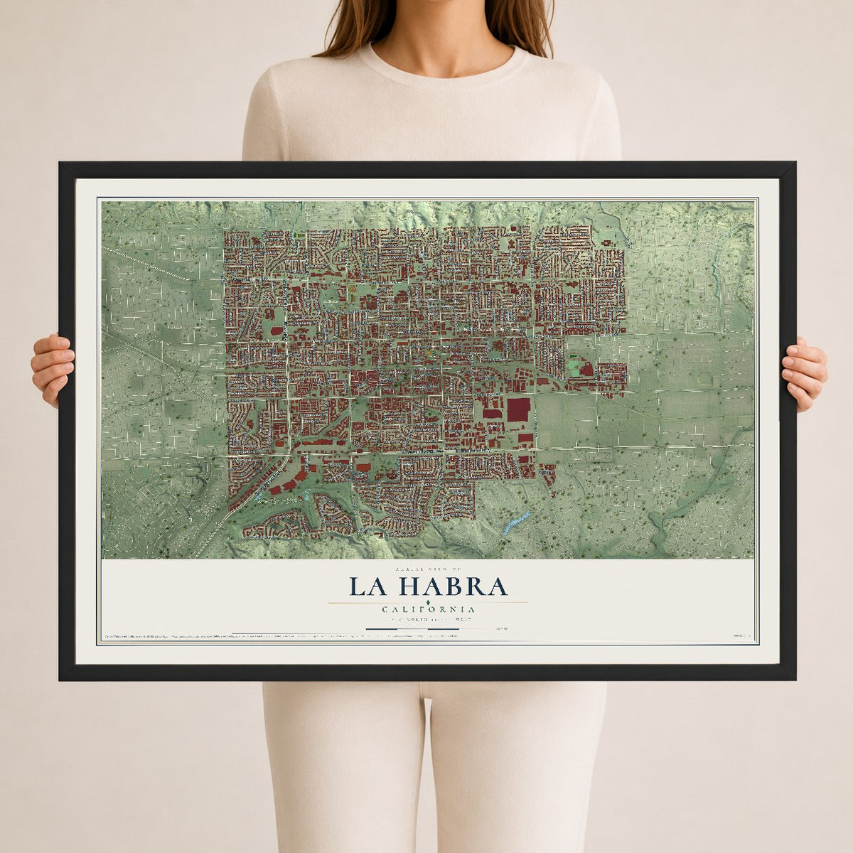 Map of La Habra, California, 24 x 36 inch print in a black wood frame