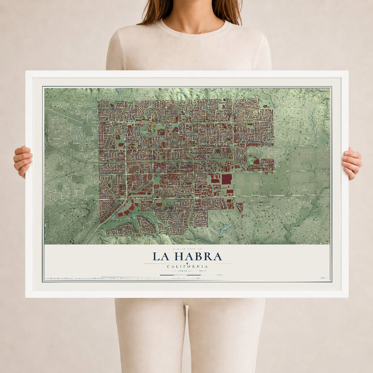 Map of La Habra, California, 24 x 36 inch print in a white wood frame
