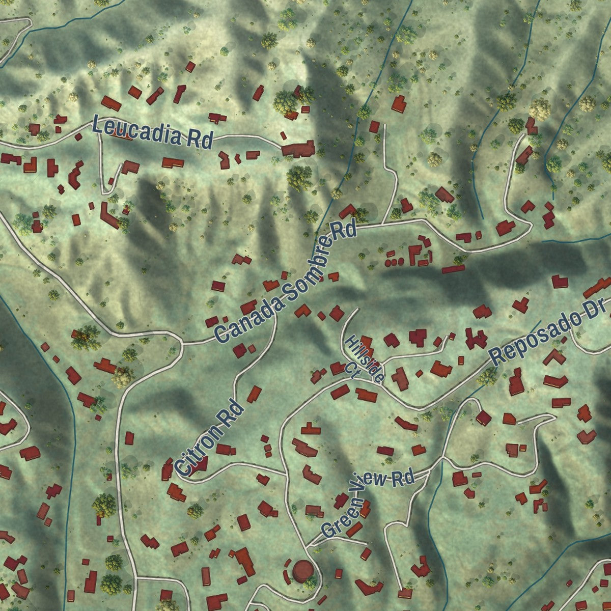 Second close-up of the map of La Habra Heights, California print showing more streets and buildings