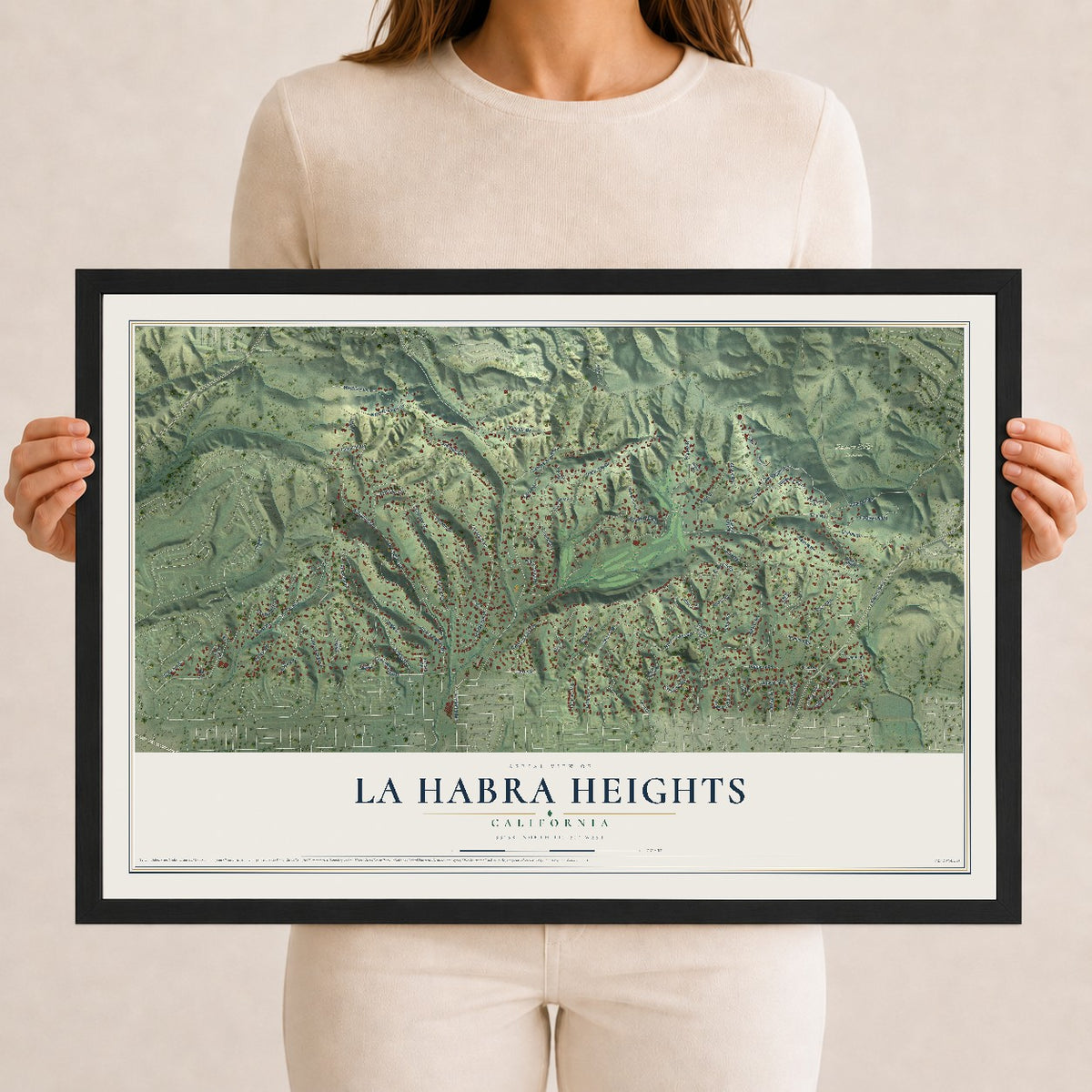 Map of La Habra Heights, California, 12 x 18 inch print in a black wood frame