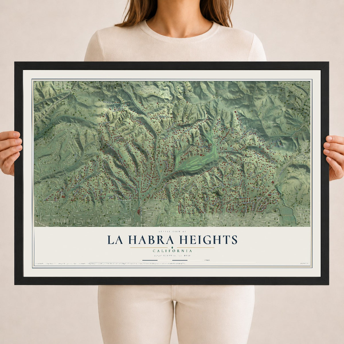 Map of La Habra Heights, California, 18 x 24 inch print in a black wood frame