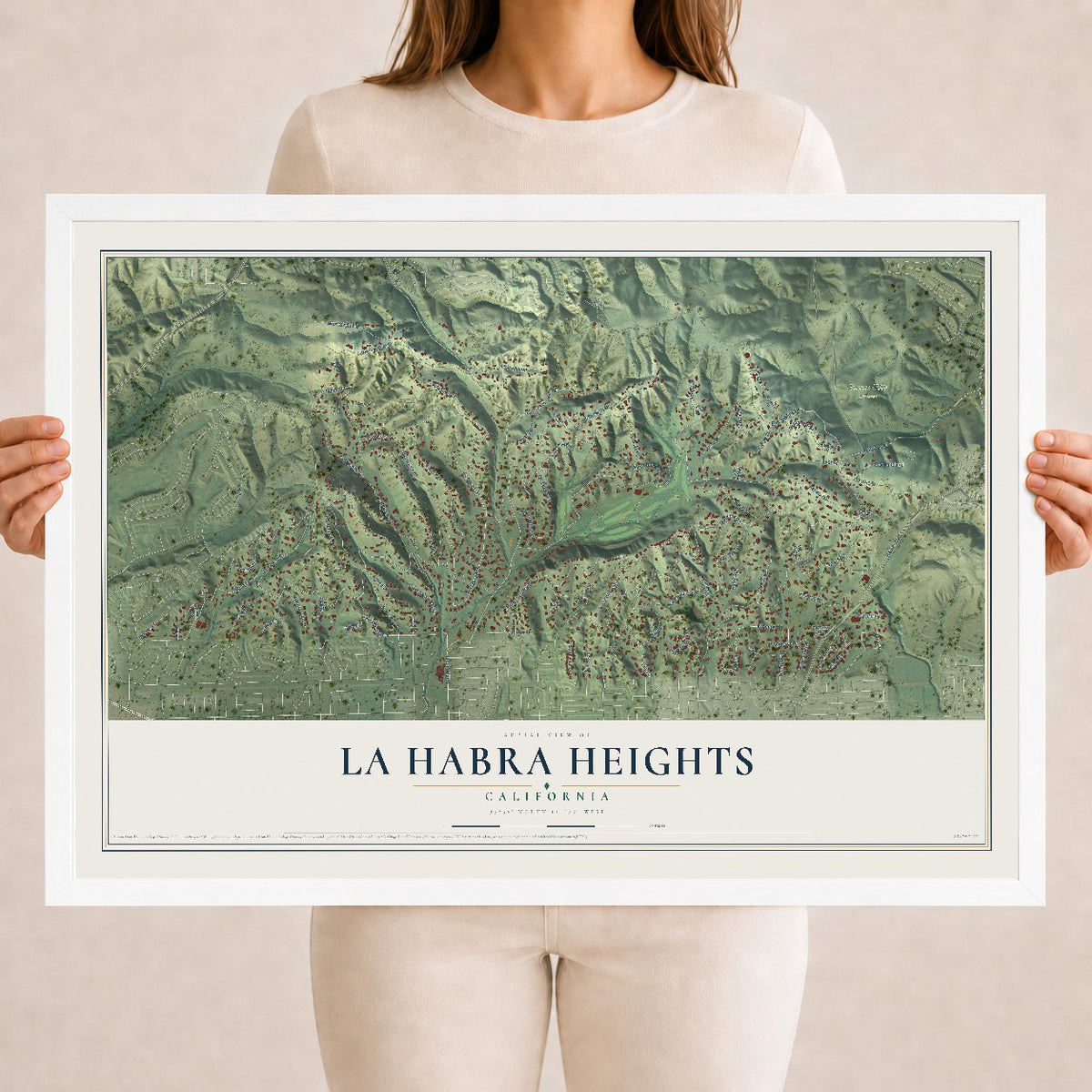 Map of La Habra Heights, California, 18 x 24 inch print in a white wood frame