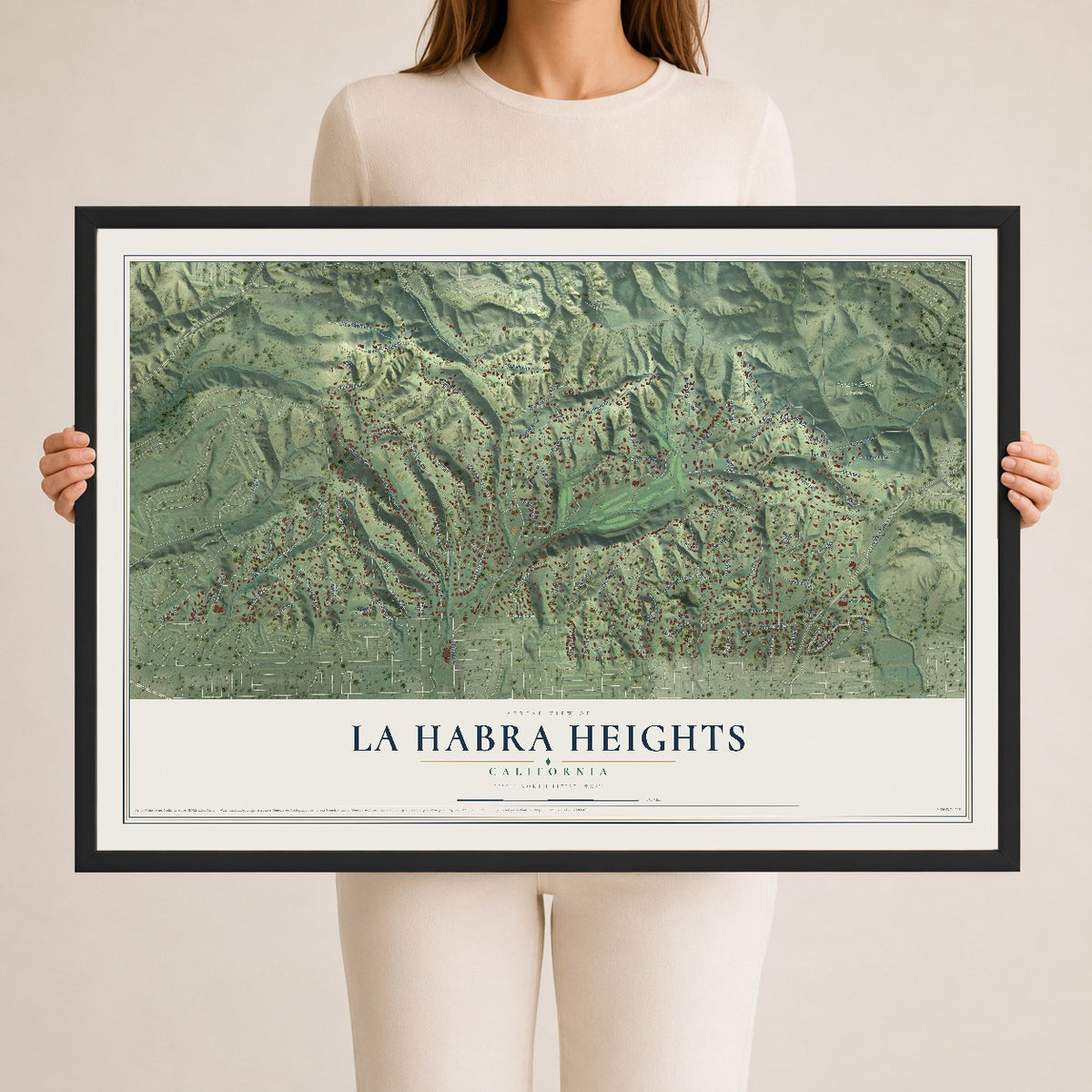Map of La Habra Heights, California, 24 x 36 inch print in a black wood frame