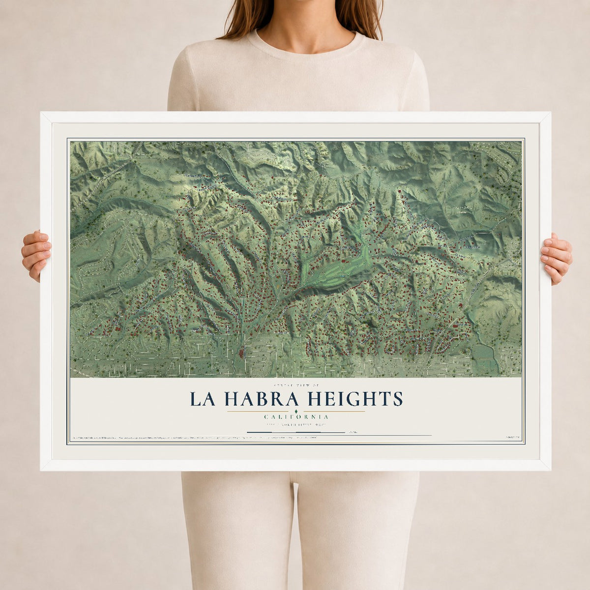 Map of La Habra Heights, California, 24 x 36 inch print in a white wood frame