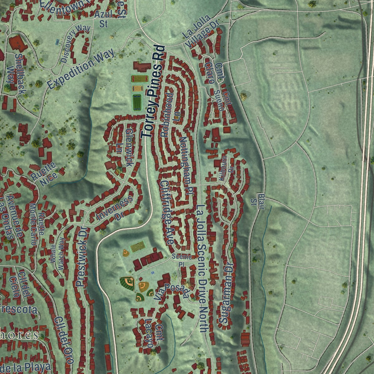 Second close-up of the map of La Jolla, California print showing more streets and buildings