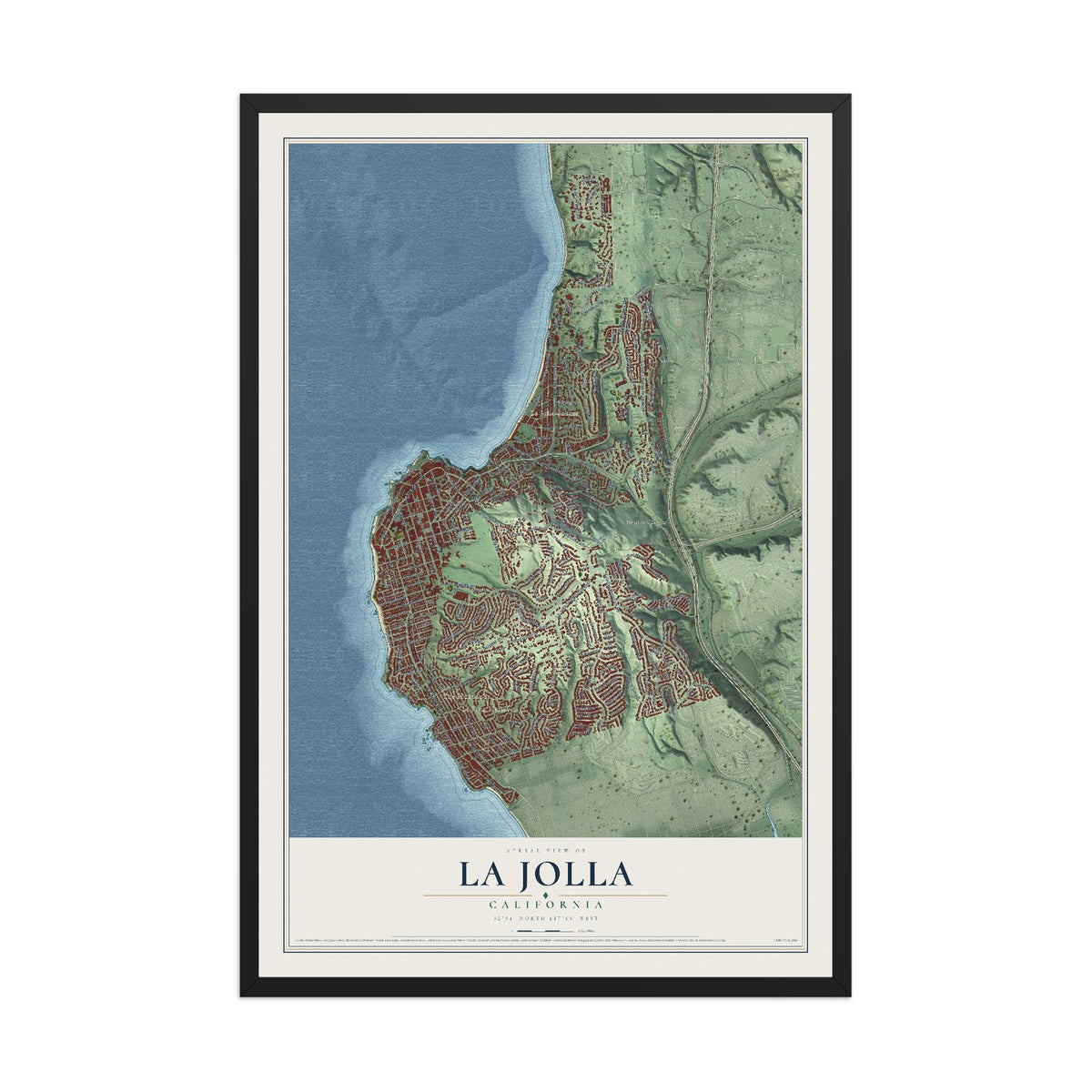 Map of La Jolla, California, 12 x 18 inch print in a black wood frame